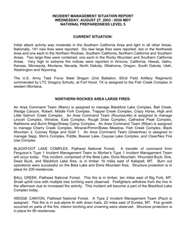 Incident Management Situation Report Wednesday, August 27, 2003 - 0530 Mdt National Preparedness Level 5