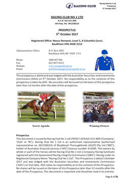 Racing Club No 1 Ltd Prospectus 5Th October 2017