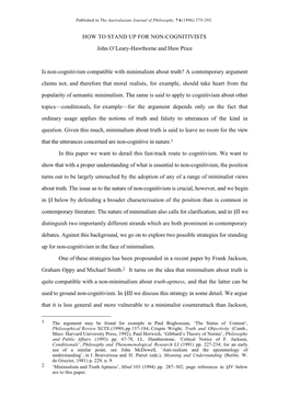 HOW to STAND up for NON-COGNITIVISTS John O'leary-Hawthorne and Huw Price Is Non-Cognitivism Compatible with Minimalism About