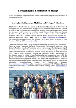 European Teams in Mathematical Biology