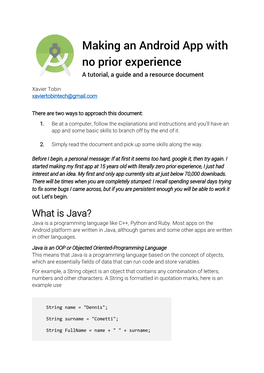 Making an Android App with No Prior Experience a Tutorial, a Guide and a Resource Document
