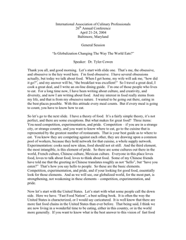 International Association of Culinary Professionals 26Th Annual Conference April 21-24, 2004 Baltimore, Maryland