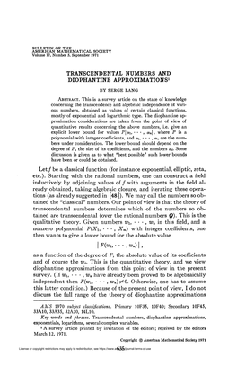 Transcendental Numbers and Diophantine Approximations1