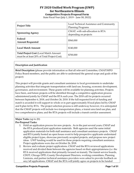 FY 2020 Unified Work Program (UWP) for Northeastern Illinois Competitive Projects Proposal Form State Fiscal Year (July 1, 2019 – June 30, 2022)