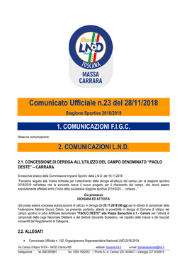 Comunicato Ufficiale N.23 Del 28/11/2018