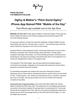 “Pitch David Ogilvy” Iphone App Named FWA “Mobile of the Day” Free Iphone App Available Now on the App Store