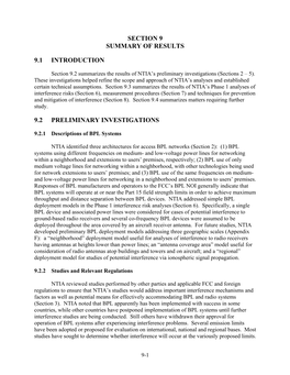 Section 9 Summary of Results 9.1 Introduction 9.2