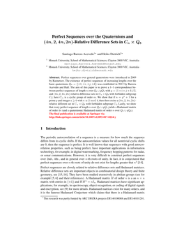 Perfect Sequences Over the Quaternions and (4N, 2, 4N, 2N)-Relative Difference Sets in Cn × Q8