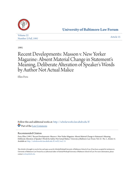 Masson V. New Yorker Magazine: Absent Material Change in Statement's Meaning, Deliberate Alteration of Speaker's Words by Author Not Actual Malice Ellen Poris