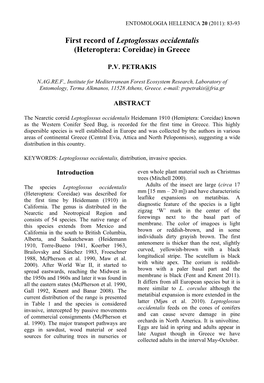 First Record of Leptoglossus Occidentalis (Heteroptera: Coreidae) in Greece