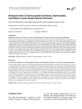 Biological Traits of Cyzicus Grubei in South-Western Iberian Peninsula