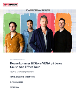 Keane Kommer Til Store VEGA På Deres Cause and Effect Tour