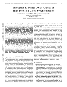 Encryption Is Futile: Delay Attacks on High-Precision Clock Synchronization 1