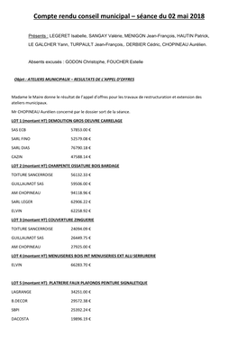 Compte Rendu Conseil Municipal – Séance Du 02 Mai 2018