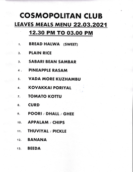 Cosmopotitan Club Teaves Meats Menu 22.03.2021 1 12.30 Pm to O3.Oo Pm