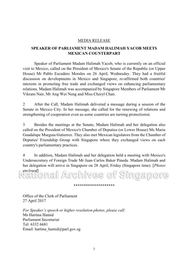 Media Release Speaker of Parliament Madam Halimah Yacob Meets Mexican Counterpart