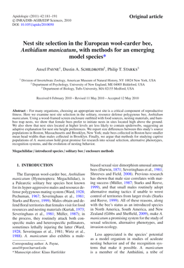 Nest Site Selection in the European Wool-Carder Bee, Anthidium Manicatum, with Methods for an Emerging Model Species*