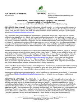 FOR IMMEDIATE RELEASE CONTACT: Kim Beales May 18, 2018 Kim@Saintsomewheremarketing.Com 619.990.1335 Jane Mitchell Counts Down T