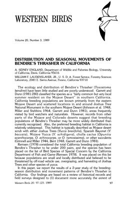 Distribution and Seasonal Movements of Bendire's Thrasher in California