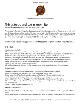 Things to Do and See in Yosemite SUGGESTIONS ACCORDING to the TIME YOU HAVE