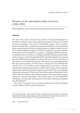 Pioneers in the Anti-Malaria Battle in Greece (1900–1930)