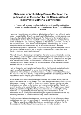 Statement of Archbishop Eamon Martin on the Publication of the Report by the Commission of Inquiry Into Mother & Baby Homes