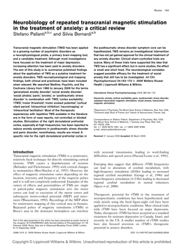 Neurobiology of Repeated Transcranial Magnetic Stimulation in the Treatment of Anxiety: a Critical Review Stefano Pallantia,B,C and Silvia Bernardia,B