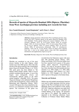 Diptera: Phoridae) from West Azerbaijan Province Including New Records for Iran