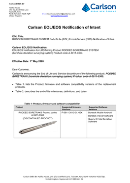 EOL Notification Program, This Notice Serves As Formal Communication of Carlson’S Intent to Perform a Manufacture Discontinue (MD) of the Products Listed Above