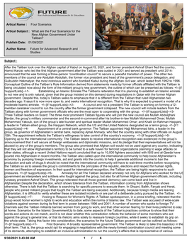 What Are the Four Scenarios for the New Afghan Government Under Taliban? Publish Date: 01/09/2021