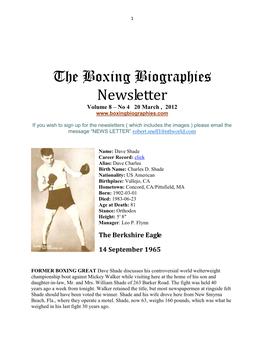 The Boxing Biographies Newsletter Volume 8 – No 4 20 March , 2012