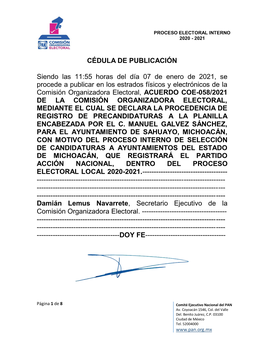 CÉDULA DE PUBLICACIÓN Siendo Las 11:55 Horas Del Día 07 De Enero