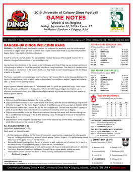 GAME NOTES Week 4 Vs Regina Friday, September 20, 2019 • 7 P.M