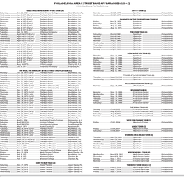 PHILADELPHIA AREA E STREET BAND APPEARANCES (120+2) Within Nine-County (Pa./N.J./Del.) Area