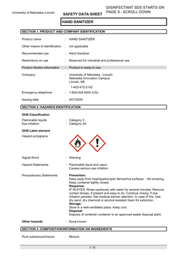 Safety Data Sheet Hand Sanitizer Disinfectant Sds