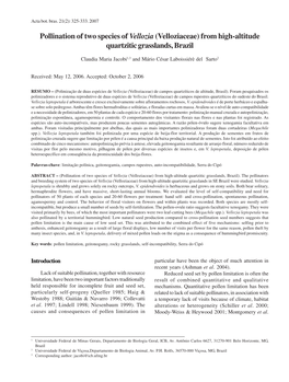 Pollination of Two Species of Vellozia (Velloziaceae) from High-Altitude Quartzitic Grasslands, Brazil