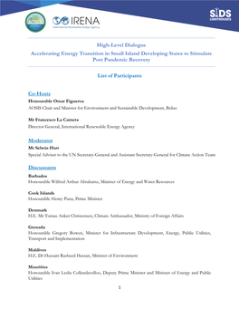 High-Level Dialogue Accelerating Energy Transition in Small Island Developing States to Stimulate Post Pandemic Recovery List Of