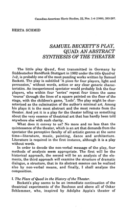 Samuel Beckett's Play, Quad: an Abstract Synthesis of the Theater