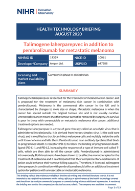 Talimogene Laherparepvec in Addition to Pembrolizumab for Metastatic