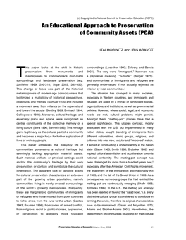 An Educational Approach to Preservation of Community Assets (PCA)