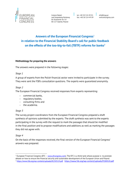 European Financial Congress1 in Relation to the Financial Stability Board’S Call for Public Feedback on the Effects of the Too-Big-To-Fail (TBTF) Reforms for Banks2