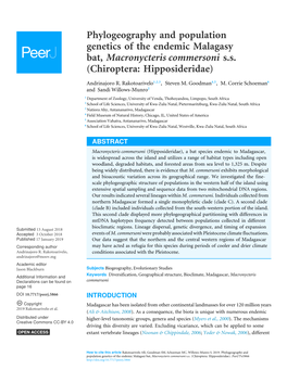 Phylogeography and Population Genetics of the Endemic Malagasy Bat, Macronycteris Commersoni S.S