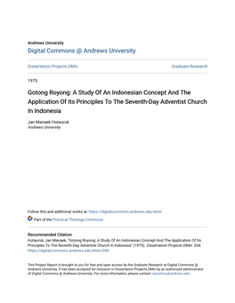 Gotong Royong: a Study of an Indonesian Concept and the Application of Its Principles to the Seventh-Day Adventist Church in Indonesia
