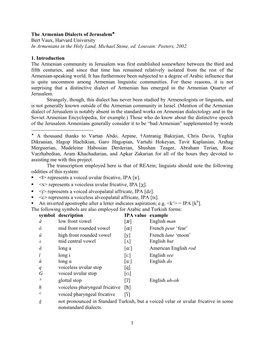 1 the Armenian Dialects of Jerusalem Bert Vaux, Harvard University in Armenians in the Holy Land, Michael Stone, Ed. Louvain
