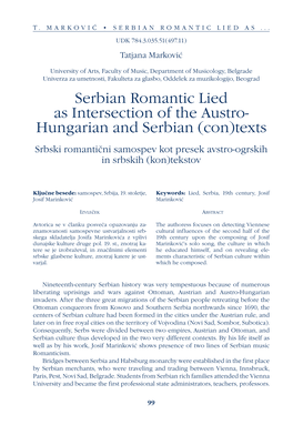 Serbian Romantic Lied As Intersection of the Austro- Hungarian and Serbian (Con)Texts