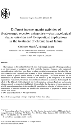 Different Inverse Agonist Activities of P»-Adrenergic Receptor Antagonists—Pharmacological Characterization and Therapeutical