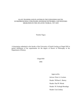 Slave Traders and Planters in the Expanding South: Entrepreneurial Strategies, Business Networks, and Western Migration in the Atlantic World, 1787-1859