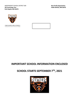 Important School Information Enclosed School Starts September 7Th, 2021