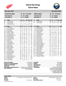 Detroit Red Wings Game Notes