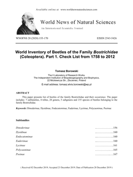 World Inventory of Beetles of the Family Bostrichidae (Coleoptera)